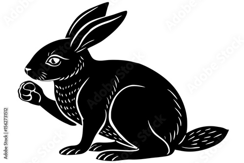Side silhouette of a rabbit grooming its paw, seated




