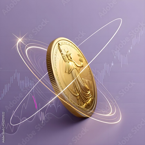 Dynamic golden coin wrapped in rotating stock-chart aura against lavender backdrop—vivid imagery for finance-tech promotions.