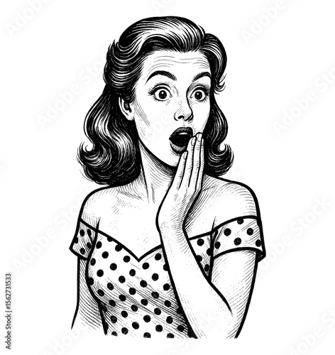 Surprised Caucasian Woman with Hand Over Mouth in Polka Dot Dress Illustration in Engrave