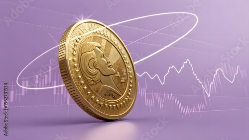 Dynamic golden coin wrapped in rotating stock-chart aura against lavender backdrop—vivid imagery for finance-tech promotions.