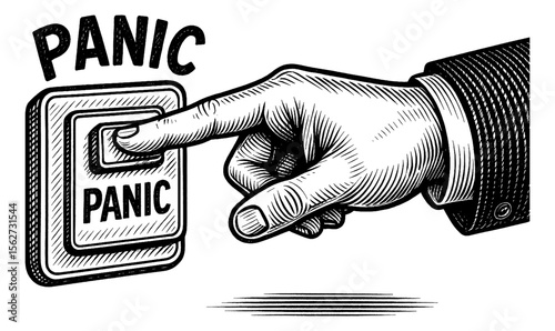 Hand Pushing Panic Button in Detailed Engraved Black and White Vintage Style Illustration