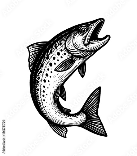 Engraved illustration of a jumping trout with open mouth on white background.