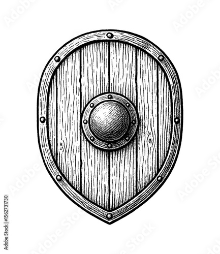 Engraved Illustration of a Wooden Shield with Metal Center and Rivets in Black and White