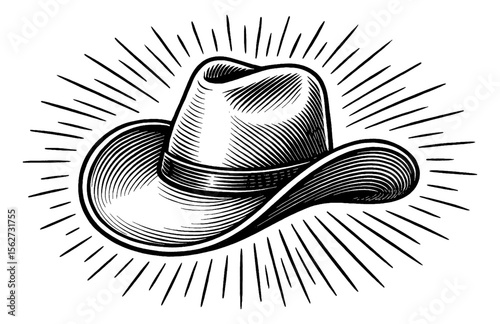 Vintage Engraving Style Illustration of a Cowboy Hat with Rays