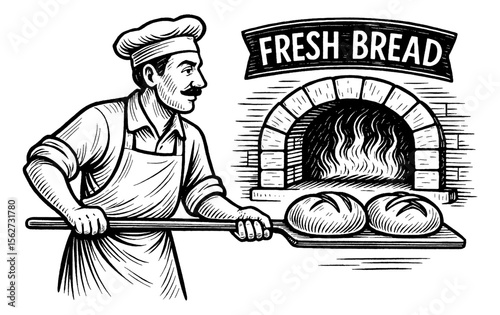 Baker taking Fresh Bread out of the oven with a wooden shovel in vintage engraving