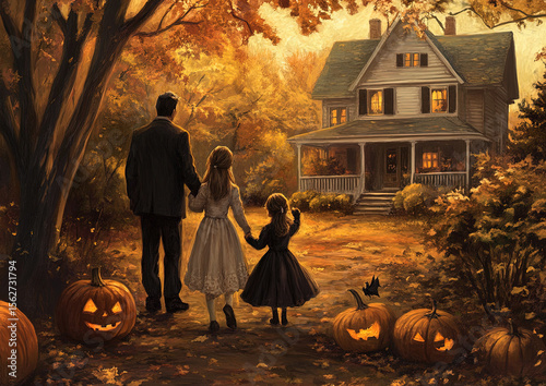 family celebrating halloween