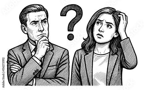 Man and Woman in Suits with Question Mark Posing Confused and Thinking in Illustration