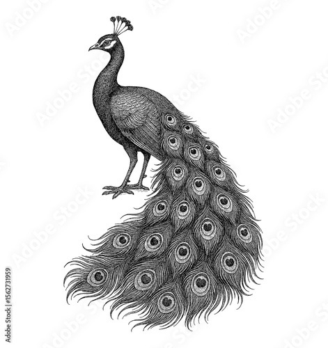 Detailed Engraving of a Peacock with Elaborate Feathers Standing in Profile on White Background