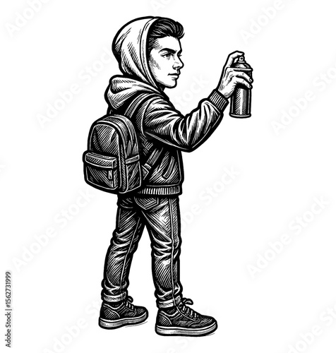 Teenager Holding Spray Can in Black and White Detailed Engraving Art Style Full Body Side View