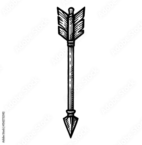 Isolated Arrow Illustration in Black and White with a Feathered End and Pointed Tip on White