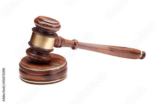 Wooden gavel and striking block with brass accents, symbolizing law, justice isolated on transparent background