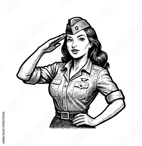 Retro Woman Saluting in Uniform Black and White Engraving Style Illustration