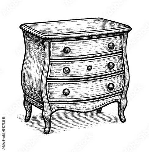 Detailed Engraving of a Wooden Chest of Drawers with Three Decorated Drawers, Classic Furniture