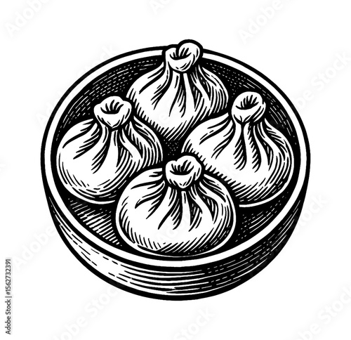 Engraved Illustration of Khinkali Dumplings in a Bowl, Traditional Georgian Cuisine