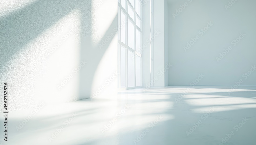 Obraz premium Empty, bright room with large window, sun shadows