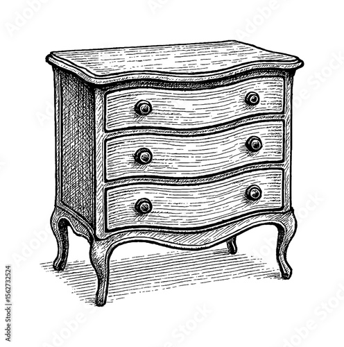 Detailed Engraving Style Illustration of an Antique Three Drawer Wood Chest of Drawers