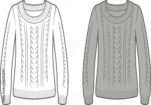 CAD drawing flat vector illustration of cozy cable knit sweaters, white and gray colorways, ribbed hem and cuffs, winter garment layout, stylish knitwear, fashion sketch template