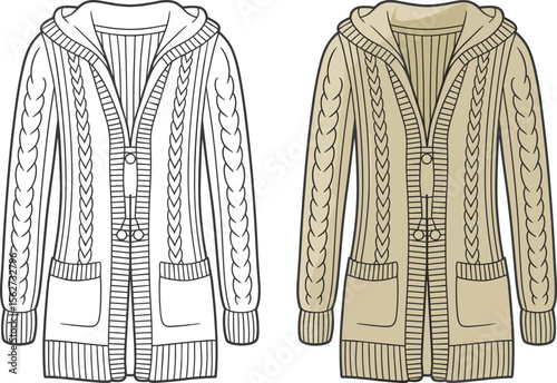 CAD drawing flat vector illustration of hooded cable knit cardigan, beige and monochrome versions, braided sleeve texture, ribbed cuffs and hem, front view fashion garment layout design