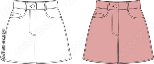CAD drawing flat vector illustration of A-line skirts, button closure design, pink and monochrome colorways, front view fashion sketch, garment layout, stylish clothing template, sewing pattern mockup