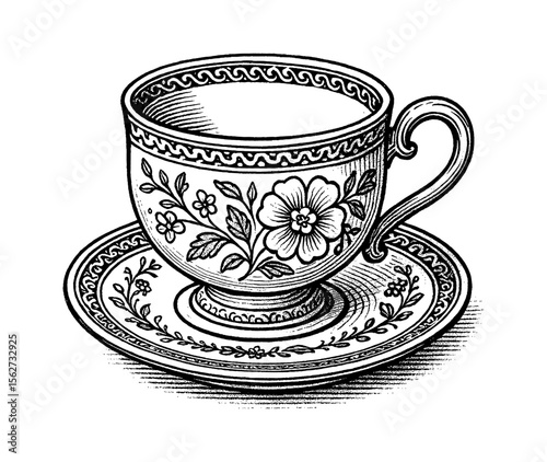Detailed Engraved Illustration of Teacup with Saucer, Floral Pattern, Black and White Art