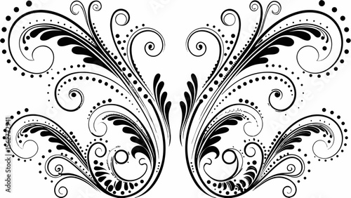 Elegant symmetrical floral design with swirls and dots in black and white creating a decorative motif silhouette