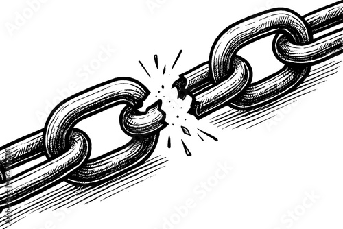 Broken Chain with Cracks in Black and White Engrave Style Representing Weakness and Failure