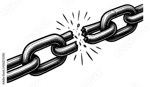 Broken chain with cracked link in monochrome illustration representing freedom