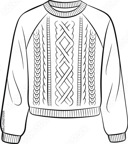 CAD drawing flat vector illustration of cable knit sweater, cozy winter garment design, raglan sleeves, ribbed neckline and hem, stylish knitwear fashion layout, clothing template