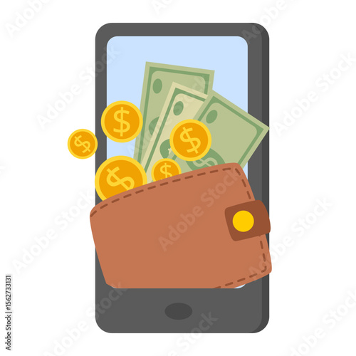 Digital wallet icon concept with wallet, coins and money on phone, modern cashless payments, e wallet, smart pay, mobile pay systems, Payment concept. Financial planning. Save money. Earn and pay