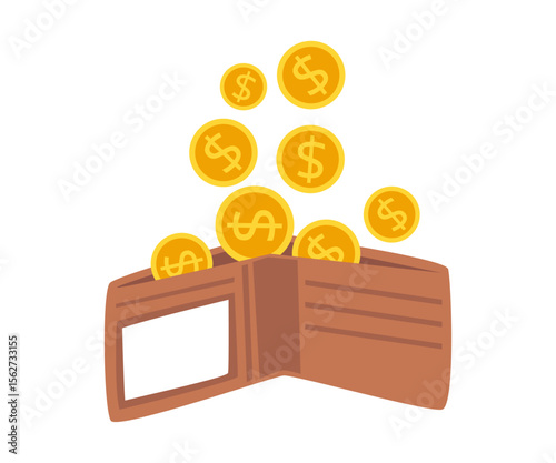 Open Wallet with Coins Dropping In cartoon, symbol of income, budgeting, personal finance, saving money, spending, and economic transaction, inancial concepts and money management vector illustration