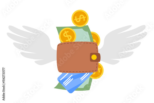 Wallet Flying with Wings cartoon, spending or financial loss concept, overspending, poor budgeting, or impulse purchase, financial struggles, bankruptcy expenses, financial responsibility illustration