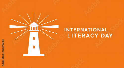 International Literacy Day Concept with White Lighthouse Illustration on Bright Orange Background