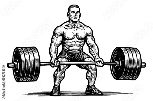 Strong Caucasian man lifting barbell in engraved style, fitness and workout