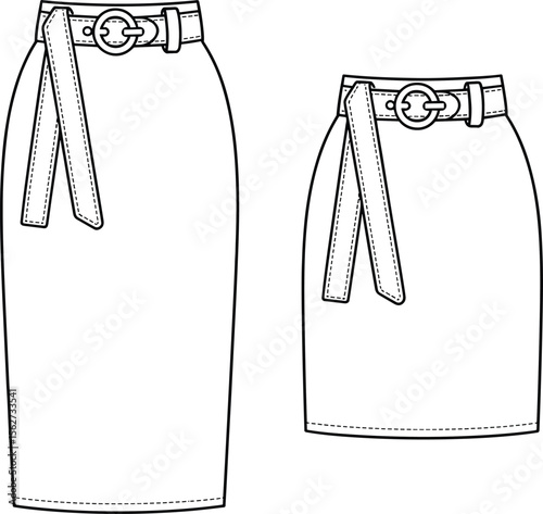 CAD drawing flat vector illustration of pencil skirts, belt design, high waist silhouette, front view fashion sketch, garment layout, sewing pattern mockup, stylish women’s clothing