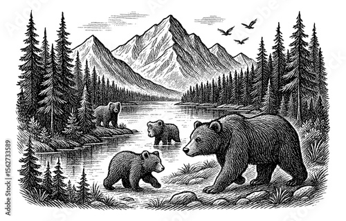Engraved Illustration of Bears Walking Near a Mountain Lake with Trees and Birds