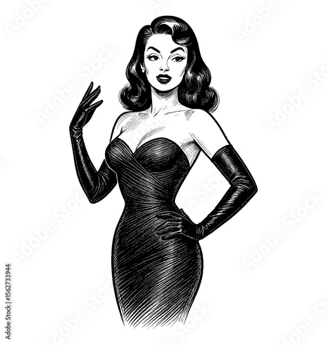 Elegant Caucasian Woman in Black Dress and Gloves with Vintage Glamour Pose