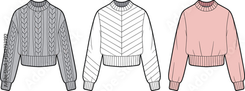 CAD drawing flat vector illustration of three cozy winter sweaters, braided knit design, chevron textured pullover, soft pink style, front view fashion sketch, garment template layout