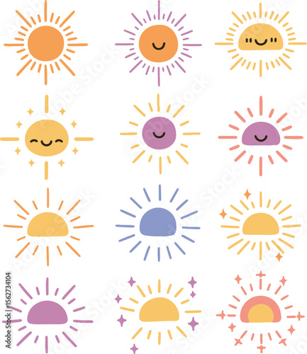 Collection of vector sun icons: diverse designs for summer, sunlight, and weather illustrations