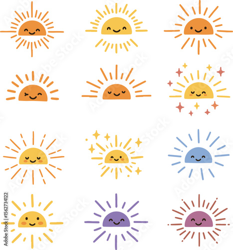 Collection of vector sun icons: diverse designs for summer, sunlight, and weather illustrations
