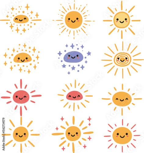 Collection of vector sun icons: diverse designs for summer, sunlight, and weather illustrations