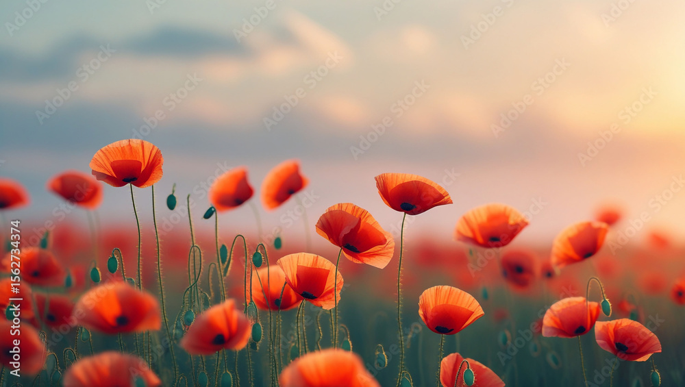 Obraz premium Beautiful poppy field nature landscape red poppy flowers spring summer meadow floral background scenic view 100