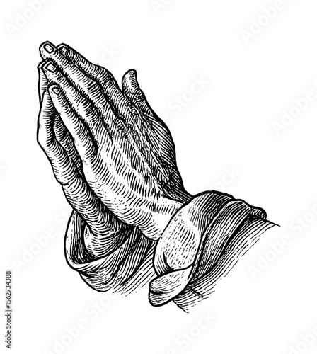 Engraving Illustration of Praying Hands with Detailed Line Art in Black and White