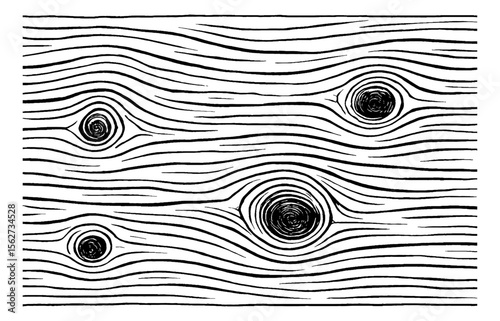 Wood grain black and white detailed lines drawing with knots for background.