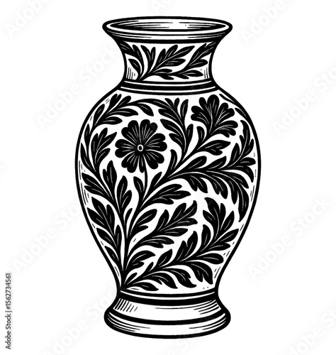 Detailed Floral Design Vase Black and White Engraving Style Illustration Isolated
