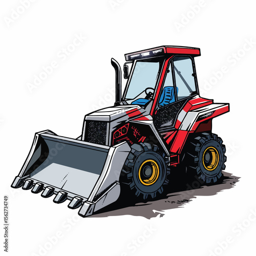 Detailed Cartoon Illustration of a Red and Silver Skid Steer Loader
