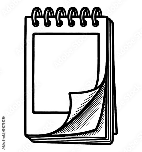 Hand Drawn Sketch of a Notepad with Blank Page and Metal Rings in Black and White