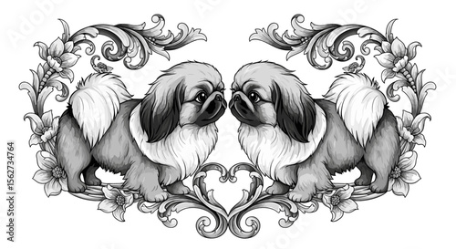 Pair of Adorable Pekingese Dogs: A charming illustration showcases two Pekingese dogs, framed with intricate floral and ornamental details in monochrome, evoking a sense of vintage elegance.