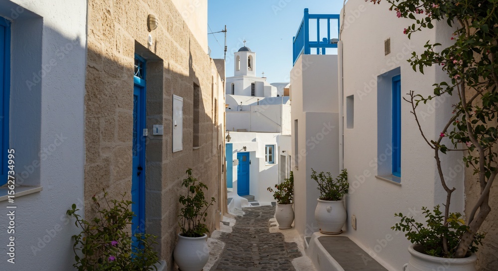 Fototapeta premium Picturesque Alleyway in Greece with White Buildings, Blue Doors and Church
