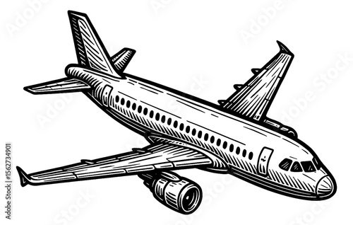 Airplane Flying with Detailed Line Art Drawing in Black and White Vintage Style
