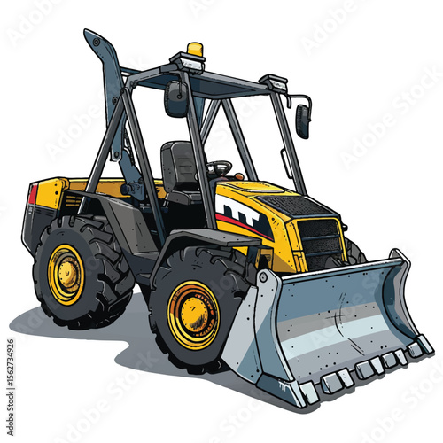 Detailed Cartoon Illustration of a Yellow and Gray Bulldozer with a Large Blade